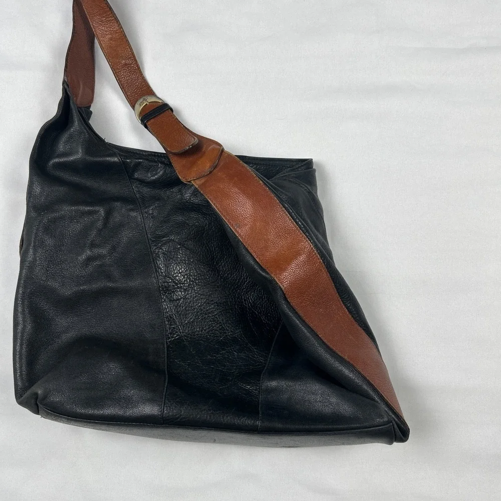 Vintage Giudi Black Brown Purse Pebbled Leather Hobo-Style Handbag Italy 456277